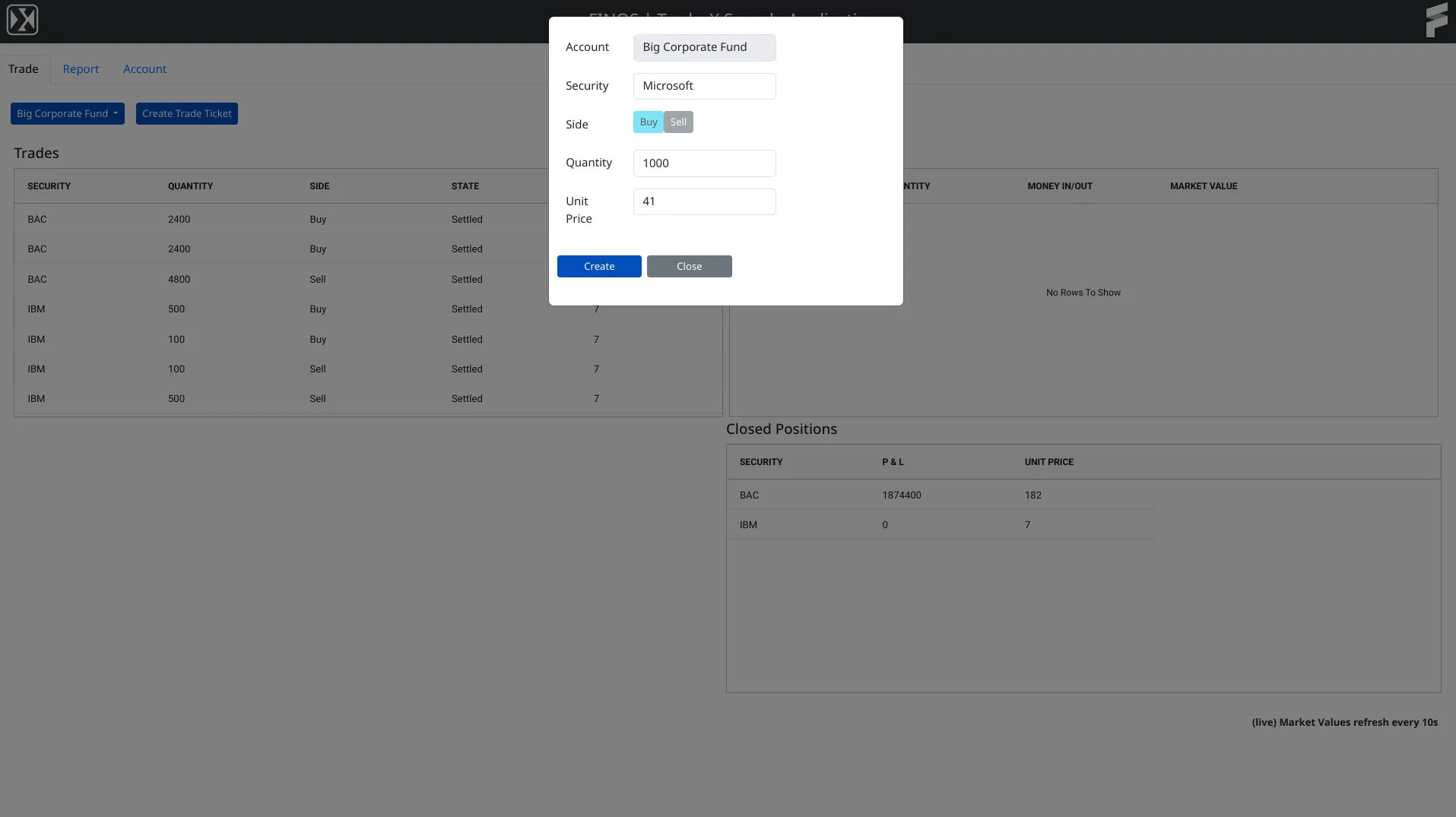 View of TraderX showing a modified dialog component